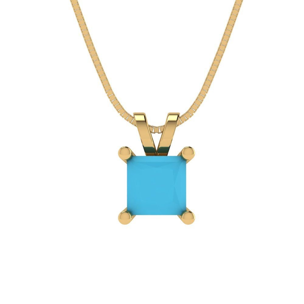 3.0 ct Brilliant Princess Cut Solitaire Designer Genuine Flawless VVS1 Simulated Turquoise 14K 18K Yellow Gold Pendant with 16" Chain