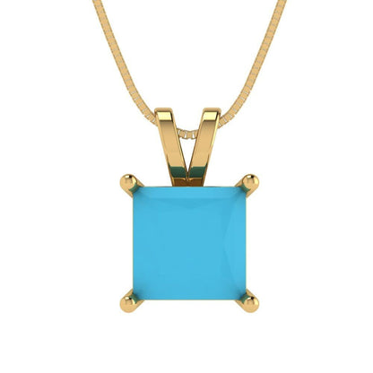 2.50 ct Brilliant Princess Cut Solitaire Designer Genuine Flawless VVS1 Simulated Turquoise 14K 18K Yellow Gold Pendant with 16" Chain