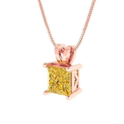 1.50 ct Brilliant Princess Cut Solitaire Designer Genuine Flawless VVS1 Yellow Simulated Diamond 14K 18K Rose Gold Pendant with 18" Chain