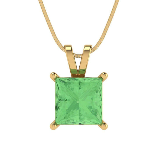2.50 ct Brilliant Princess Cut Solitaire Designer Genuine Flawless Green Simulated Diamond 14K 18K  Yellow Gold Pendant with 16" Chain