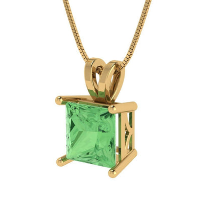 2.50 ct Brilliant Princess Cut Solitaire Designer Genuine Flawless Green Simulated Diamond 14K 18K  Yellow Gold Pendant with 16" Chain