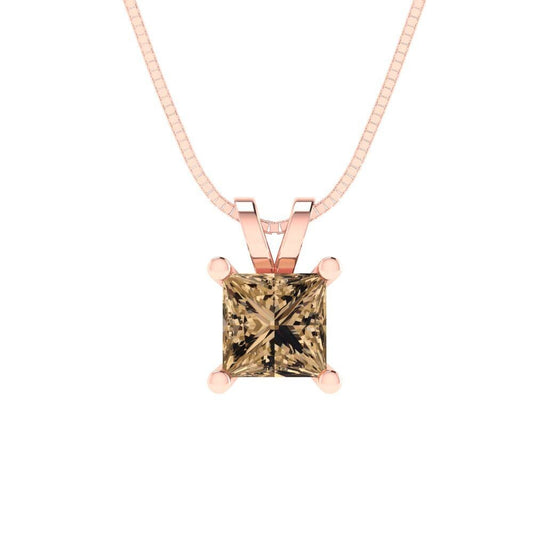 0.50 ct  Princess Cut Solitaire Designer Genuine Flawless VVS1 Champagne Simulated Diamond 14K 18K Rose Gold Pendant with 18" Chain