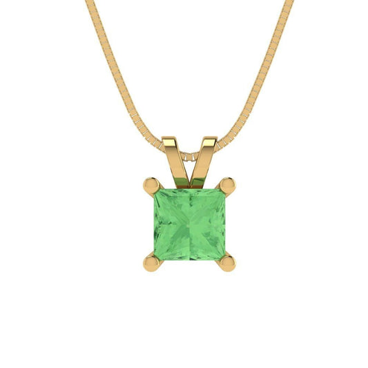 2.50 ct Brilliant Princess Cut Solitaire Designer Genuine Flawless Green Simulated Diamond 14K 18K  Yellow Gold Pendant with 18" Chain