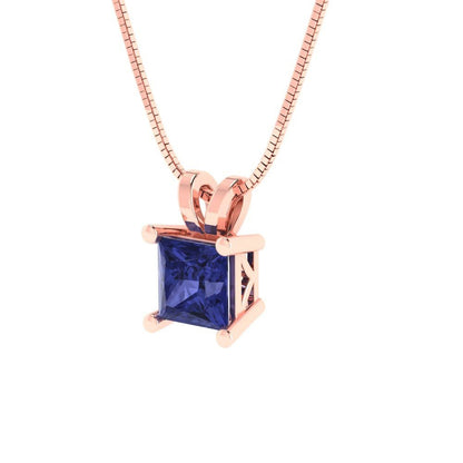 0.50 ct Brilliant Princess Cut Solitaire Designer Genuine Flawless VVS1 Simulated Tanzanite 14K 18K Rose Gold Pendant with 16" Chain