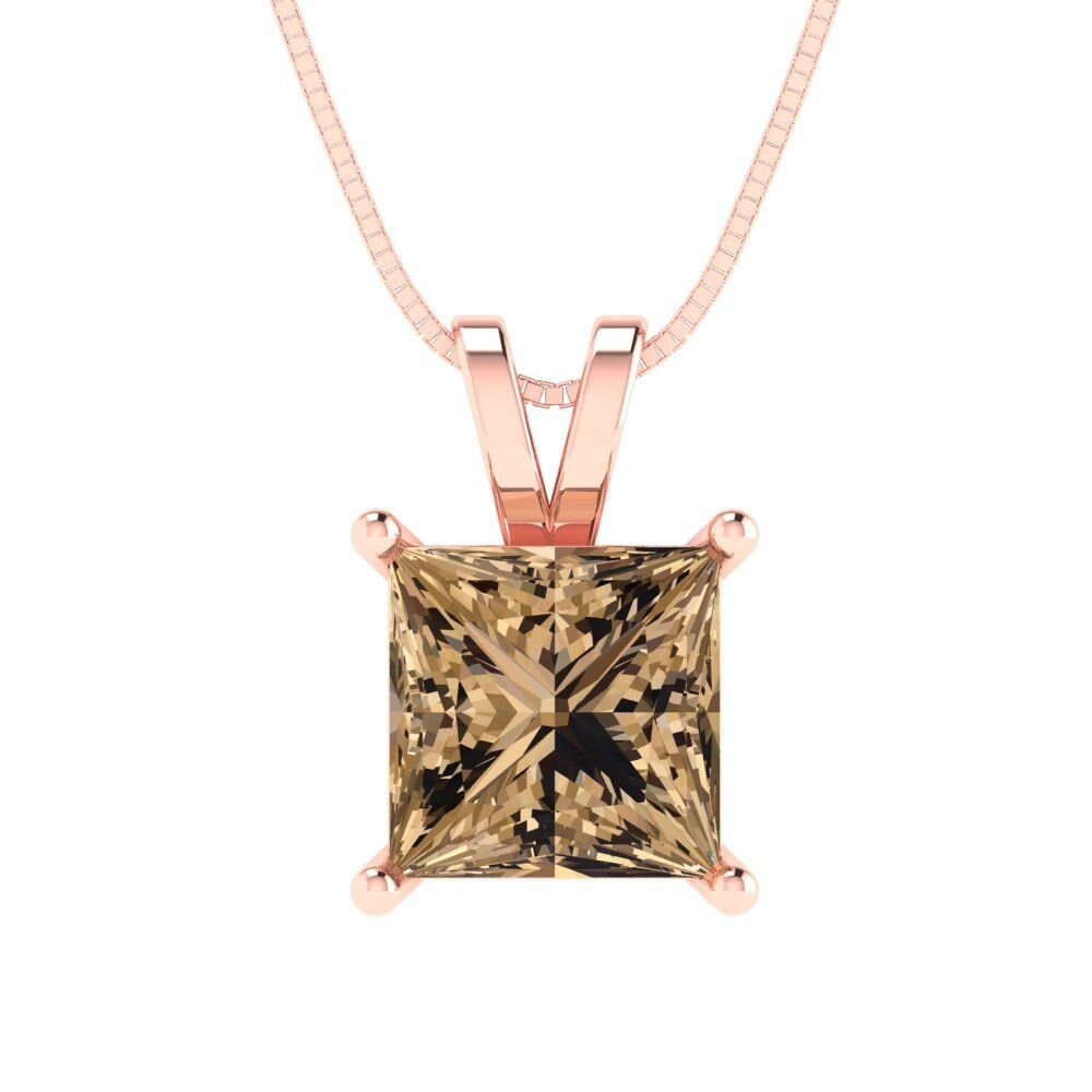 2 ct  Princess Cut Solitaire Designer Genuine Flawless VVS1 Champagne Simulated Diamond 14K 18K Rose Gold Pendant with 16" Chain