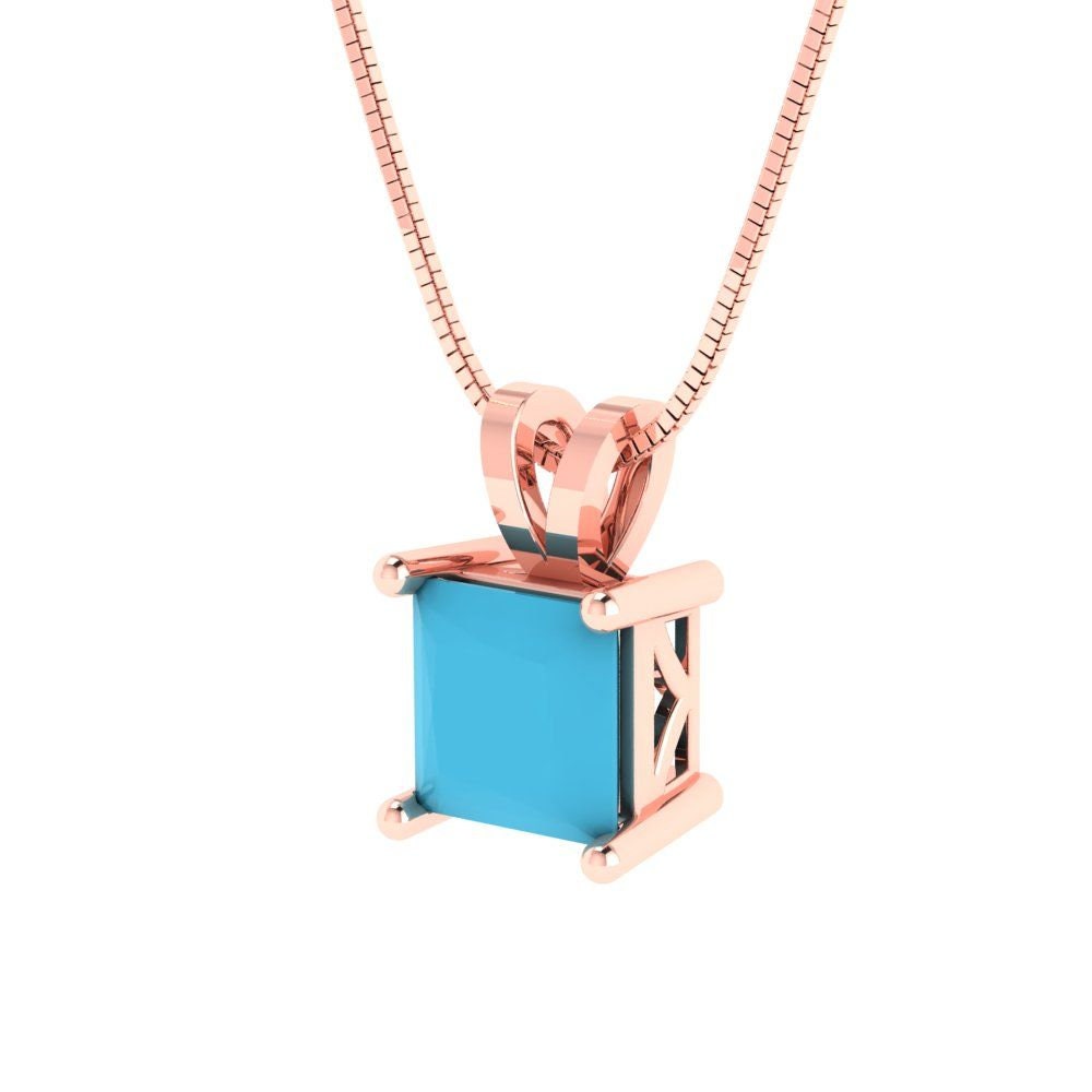 3.0 ct Brilliant Princess Cut Solitaire Designer Genuine Flawless VVS1 Simulated Turquoise 14K 18K Rose Gold Pendant with 18" Chain