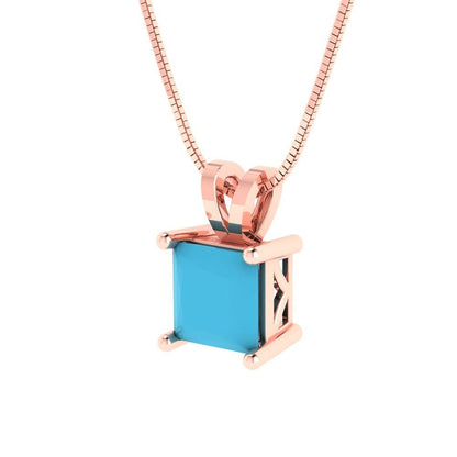 3.0 ct Brilliant Princess Cut Solitaire Designer Genuine Flawless VVS1 Simulated Turquoise 14K 18K Rose Gold Pendant with 18" Chain