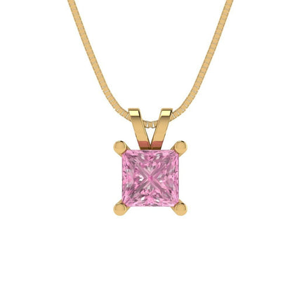 0.50 ct Brilliant Princess Cut Solitaire Designer Genuine Flawless VVS1 Pink Simulated Diamond 14K 18K Yellow Gold Pendant with 18" Chain