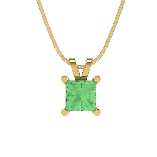 3.0 ct Brilliant Princess Cut Solitaire Designer Genuine Flawless Green Simulated Diamond 14K 18K  Yellow Gold Pendant with 16" Chain
