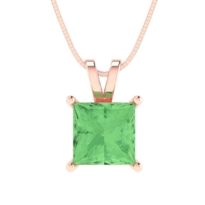 2 ct Brilliant Princess Cut Solitaire Designer Genuine Flawless Green Simulated Diamond 14K 18K  Rose Gold Pendant with 16" Chain
