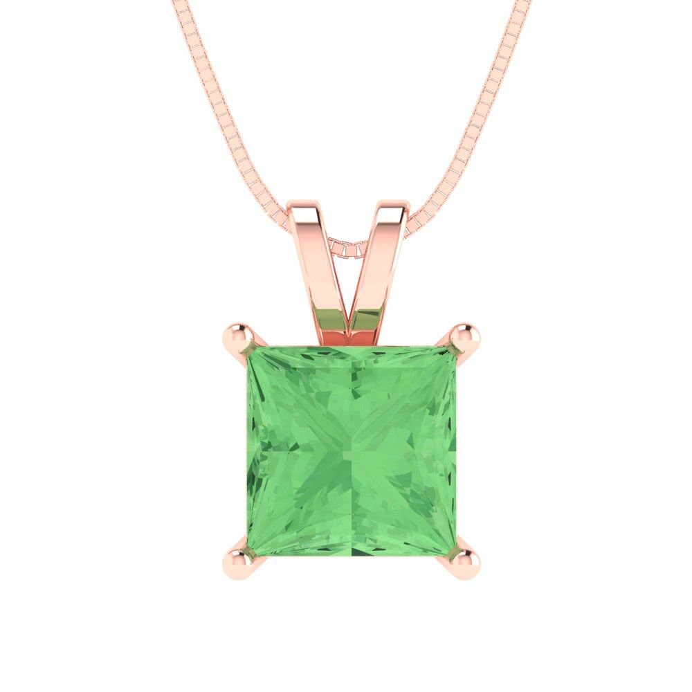 2 ct Brilliant Princess Cut Solitaire Designer Genuine Flawless Green Simulated Diamond 14K 18K  Rose Gold Pendant with 16" Chain