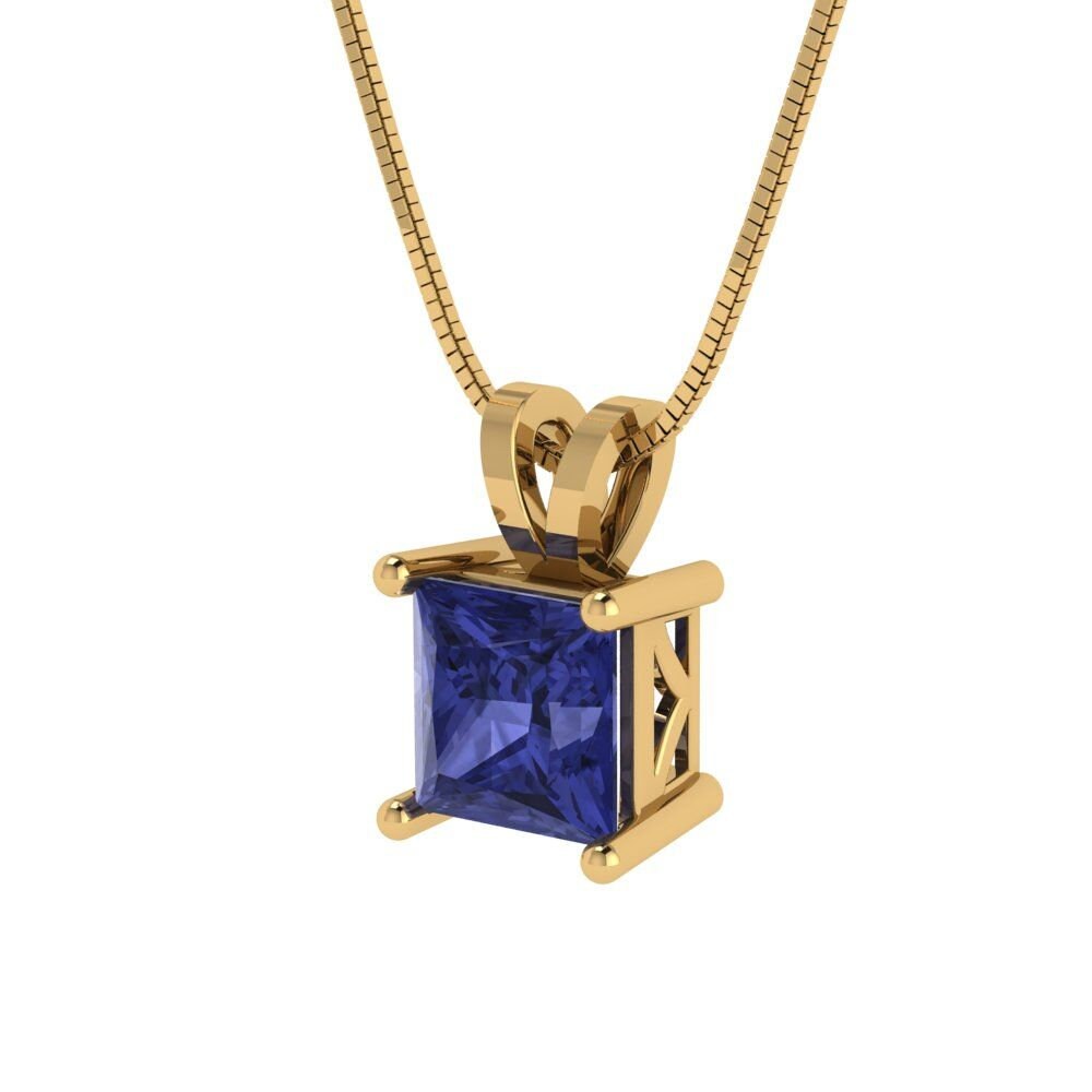 1 ct Brilliant Princess Cut Solitaire Designer Genuine Flawless VVS1 Simulated Tanzanite 14K 18K Yellow Gold Pendant with 16" Chain