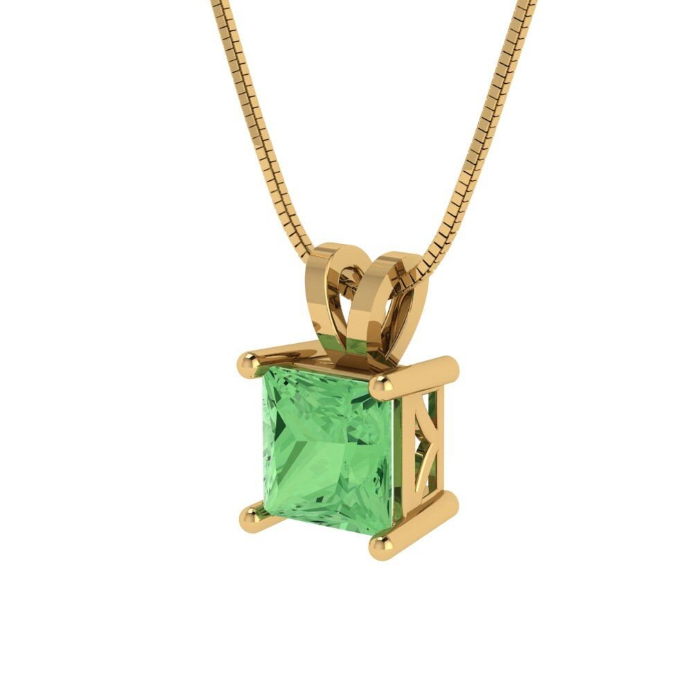 1 ct Brilliant Princess Cut Solitaire Designer Genuine Flawless Green Simulated Diamond 14K 18K  Yellow Gold Pendant with 16" Chain