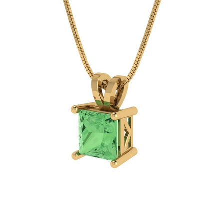 1 ct Brilliant Princess Cut Solitaire Designer Genuine Flawless Green Simulated Diamond 14K 18K  Yellow Gold Pendant with 16" Chain