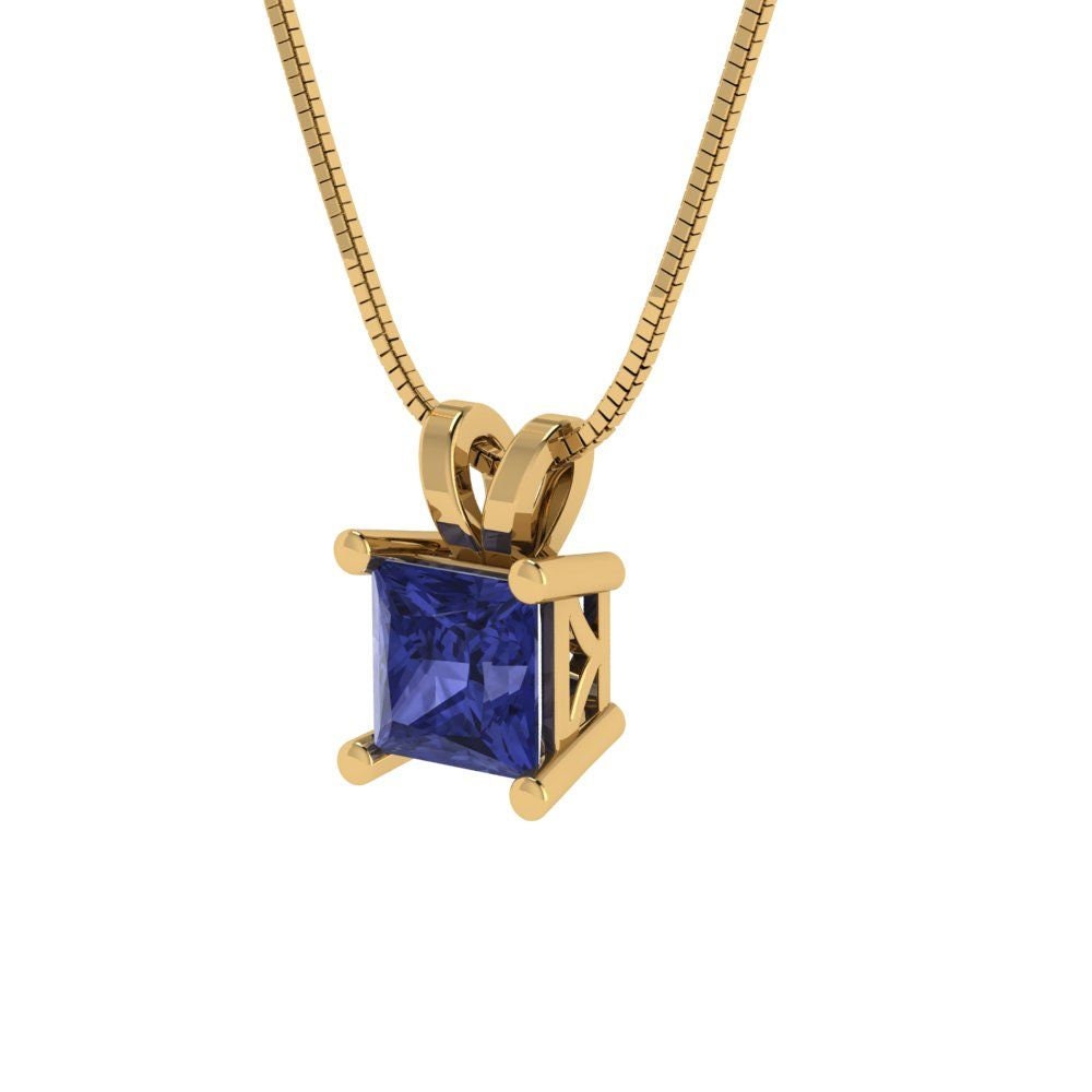 0.50 ct Brilliant Princess Cut Solitaire Designer Genuine Flawless VVS1 Simulated Tanzanite 14K 18K Yellow Gold Pendant with 18" Chain