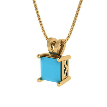 3.0 ct Brilliant Princess Cut Solitaire Designer Genuine Flawless VVS1 Simulated Turquoise 14K 18K Yellow Gold Pendant with 18" Chain