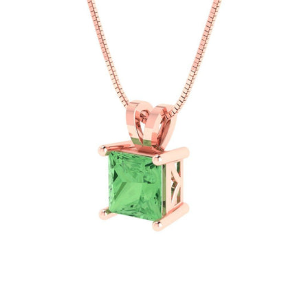 1.50 ct Brilliant Princess Cut Solitaire Designer Genuine Flawless Green Simulated Diamond 14K 18K  Rose Gold Pendant with 18" Chain