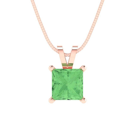 1.50 ct Brilliant Princess Cut Solitaire Designer Genuine Flawless Green Simulated Diamond 14K 18K  Rose Gold Pendant with 18" Chain