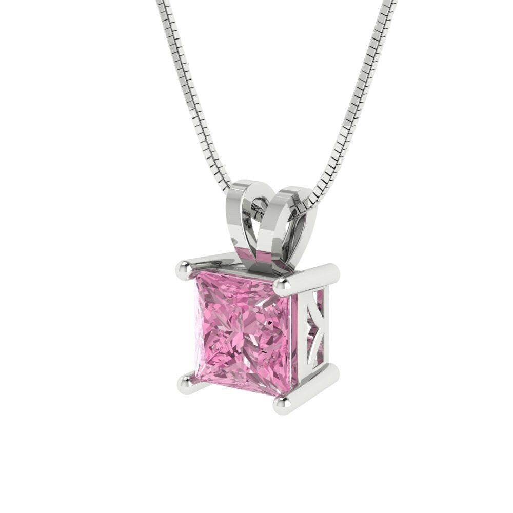 1 ct Brilliant Princess Cut Solitaire Designer Genuine Flawless VVS1 Pink Simulated Diamond 14K 18K White Gold Pendant with 16" Chain