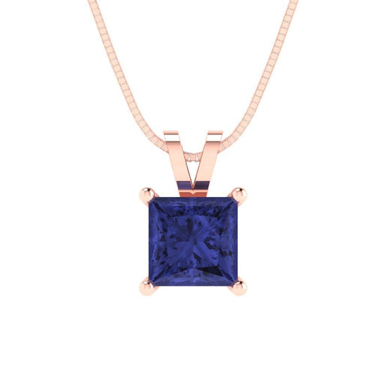 1 ct Brilliant Princess Cut Solitaire Designer Genuine Flawless VVS1 Simulated Tanzanite 14K 18K Rose Gold Pendant with 16" Chain