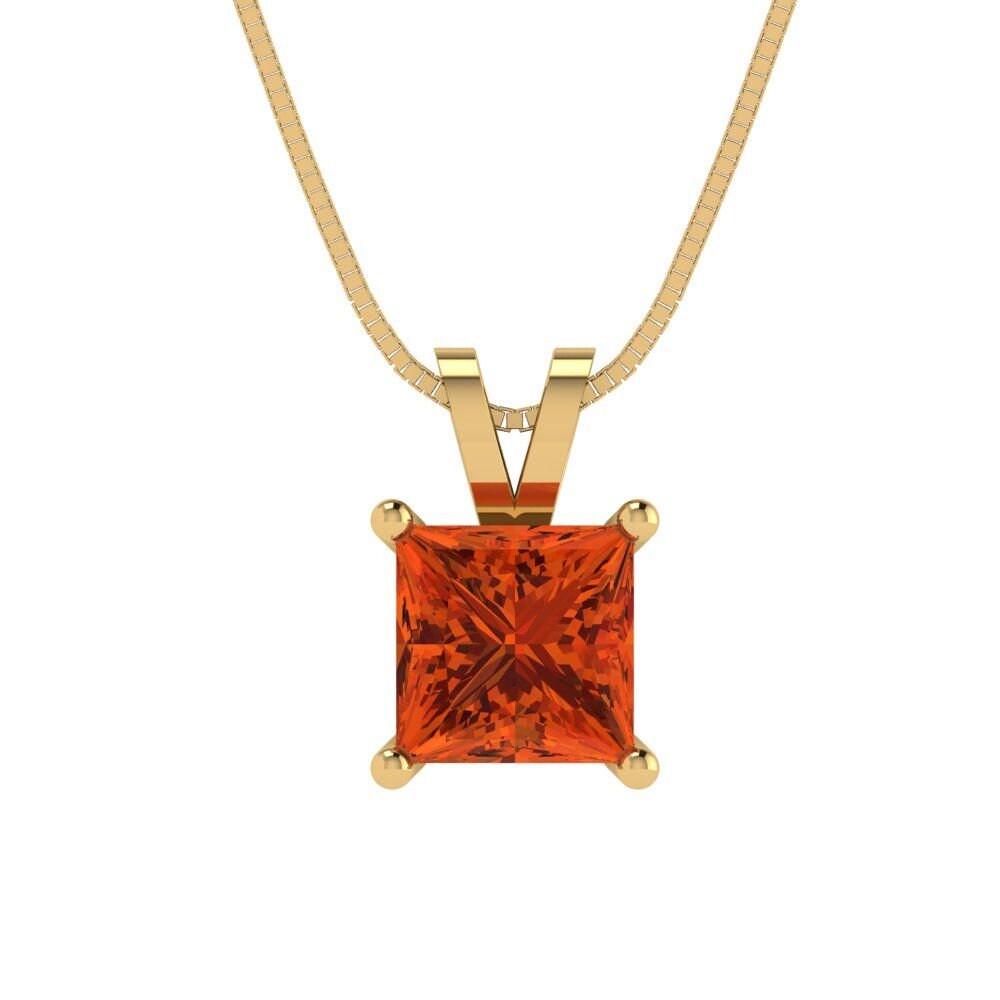 1 ct Brilliant Princess Cut Solitaire Designer Genuine Flawless VVS1 Red Simulated Diamond 14K 18K Yellow Gold Pendant with 16" Chain