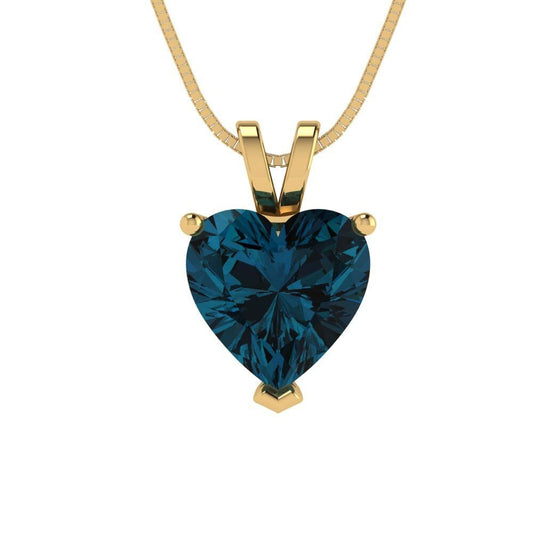 2 ct Brilliant Heart Cut Solitaire  Designer Genuine Flawless Natural London Blue Topaz 14K 18K Yellow Gold Pendant with 18" Chain