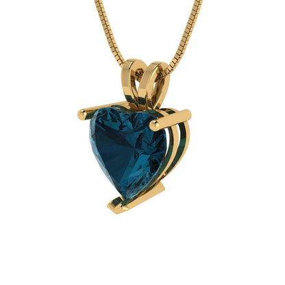 2 ct Brilliant Heart Cut Solitaire  Designer Genuine Flawless Natural London Blue Topaz 14K 18K Yellow Gold Pendant with 18" Chain