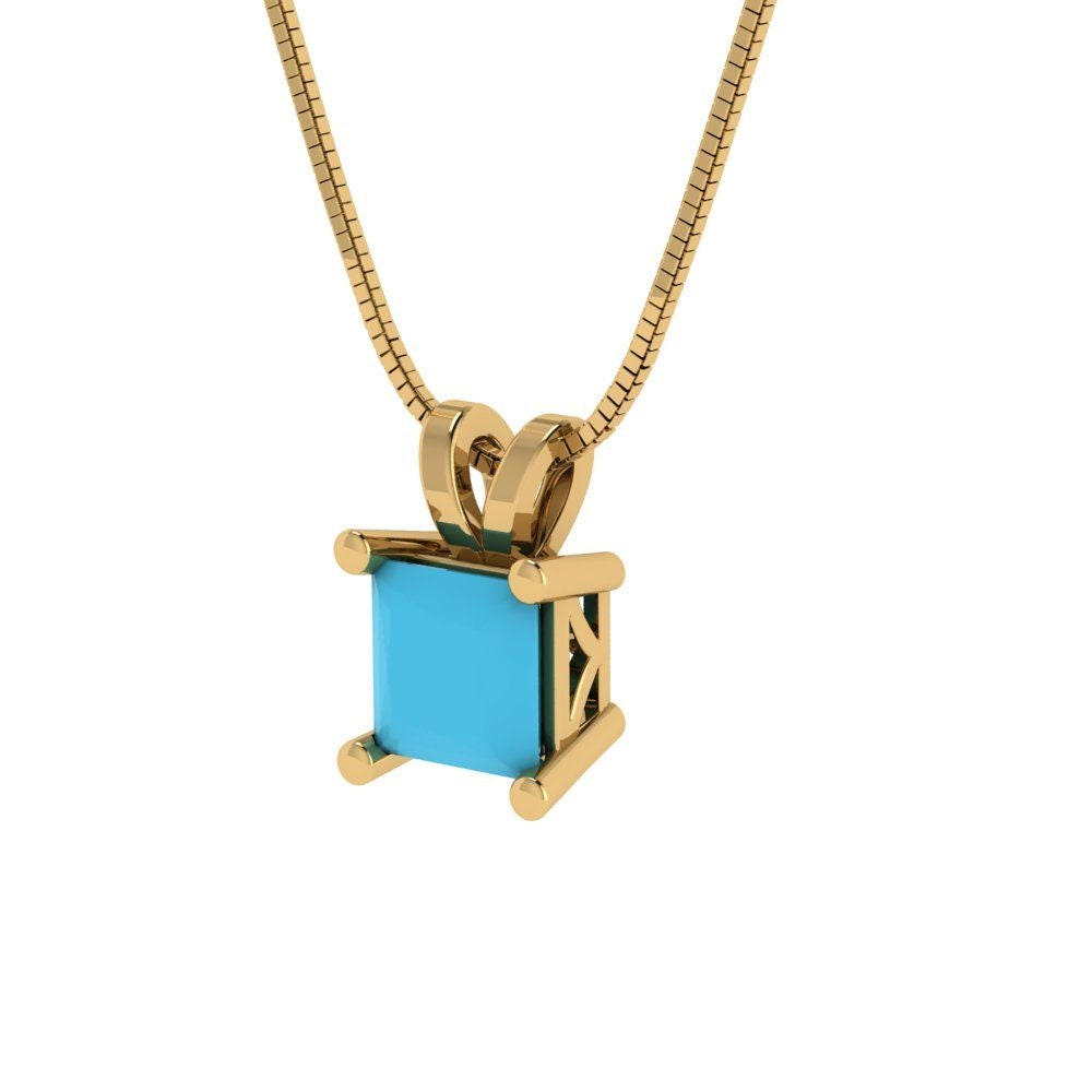 3.0 ct Brilliant Princess Cut Solitaire Designer Genuine Flawless VVS1 Simulated Turquoise 14K 18K Yellow Gold Pendant with 16" Chain