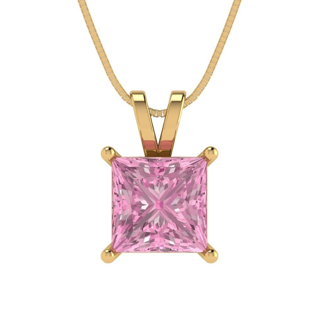 2.50 ct Brilliant Princess Cut Solitaire Designer Genuine Flawless VVS1 Pink Simulated Diamond 14K 18K Yellow Gold Pendant with 16" Chain