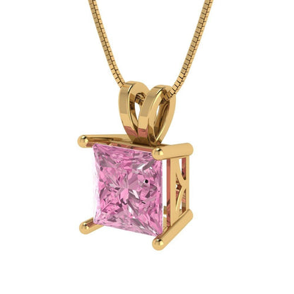2.50 ct Brilliant Princess Cut Solitaire Designer Genuine Flawless VVS1 Pink Simulated Diamond 14K 18K Yellow Gold Pendant with 16" Chain