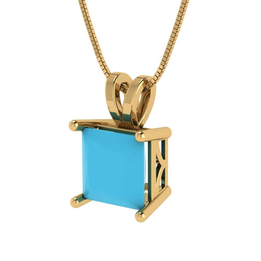 2.50 ct Brilliant Princess Cut Solitaire Designer Genuine Flawless VVS1 Simulated Turquoise 14K 18K Yellow Gold Pendant with 16" Chain