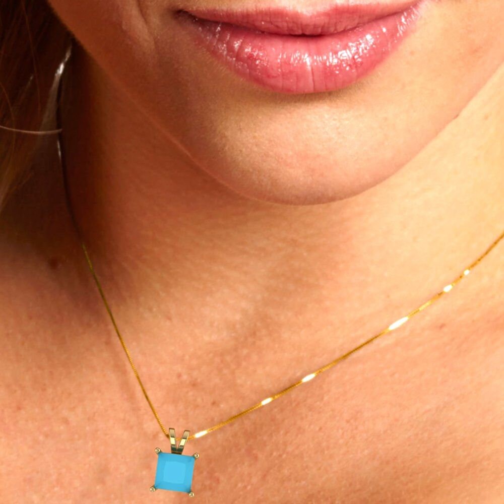 2.50 ct Brilliant Princess Cut Solitaire Designer Genuine Flawless VVS1 Simulated Turquoise 14K 18K Yellow Gold Pendant with 16" Chain