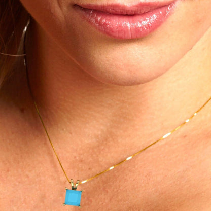 2.50 ct Brilliant Princess Cut Solitaire Designer Genuine Flawless VVS1 Simulated Turquoise 14K 18K Yellow Gold Pendant with 16" Chain