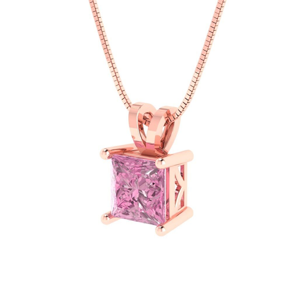 1.50 ct Brilliant Princess Cut Solitaire Designer Genuine Flawless VVS1 Pink Simulated Diamond 14K 18K Rose Gold Pendant with 18" Chain