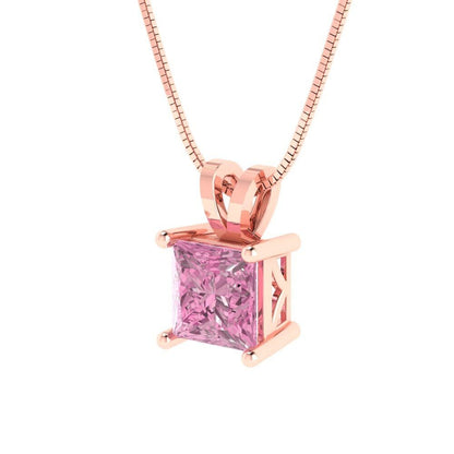 1.50 ct Brilliant Princess Cut Solitaire Designer Genuine Flawless VVS1 Pink Simulated Diamond 14K 18K Rose Gold Pendant with 18" Chain