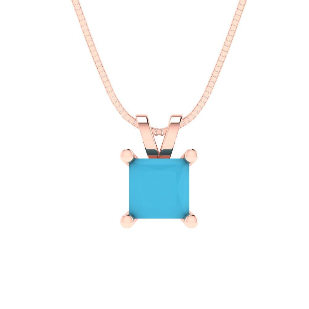 0.50 ct Brilliant Princess Cut Solitaire Designer Genuine Flawless VVS1 Simulated Turquoise 14K 18K Rose Gold Pendant with 18" Chain