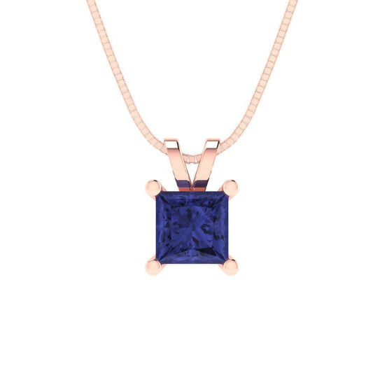 0.50 ct Brilliant Princess Cut Solitaire Designer Genuine Flawless VVS1 Simulated Tanzanite 14K 18K Rose Gold Pendant with 16" Chain