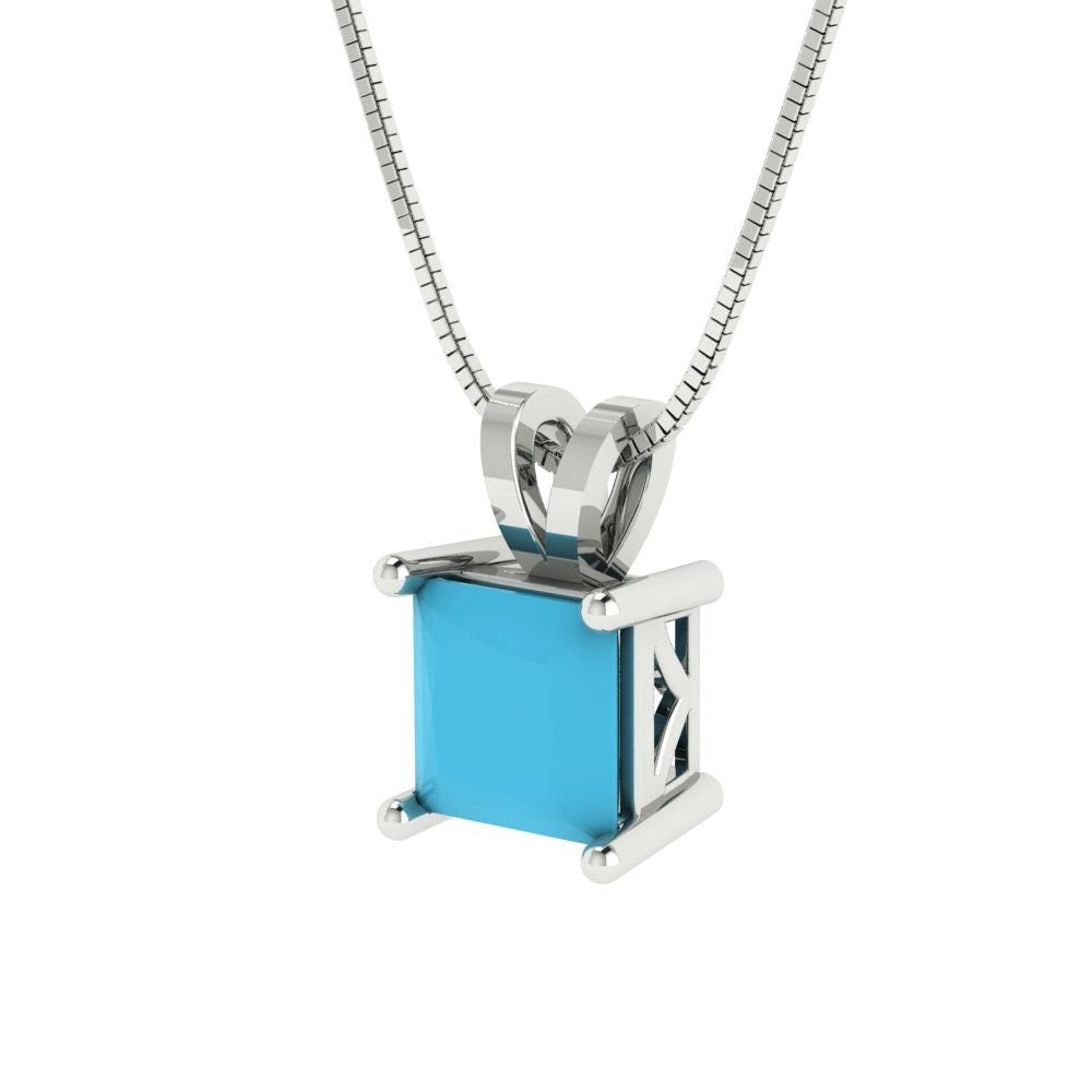 1.50 ct Brilliant Princess Cut Solitaire Designer Genuine Flawless VVS1 Simulated Turquoise 14K 18K White Gold Pendant with 16" Chain