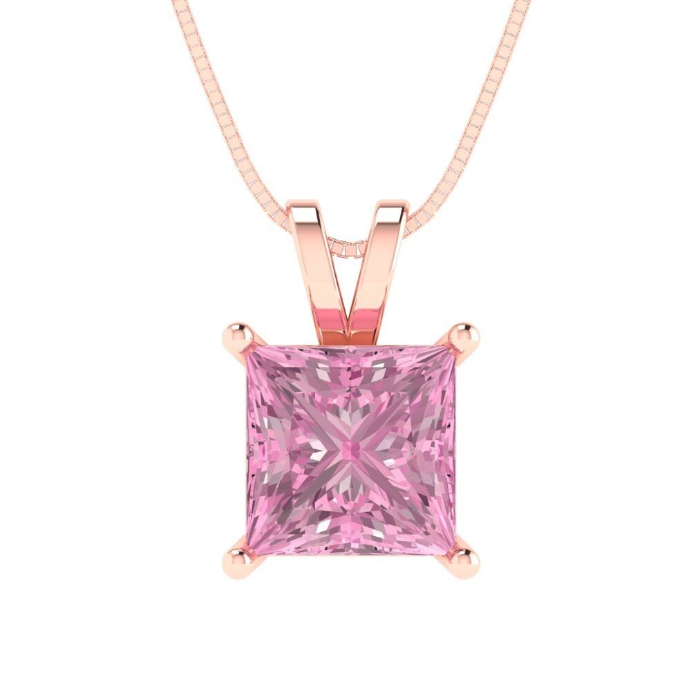 2 ct Brilliant Princess Cut Solitaire Designer Genuine Flawless VVS1 Pink Simulated Diamond 14K 18K Rose Gold Pendant with 18" Chain