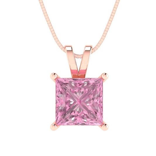 2 ct Brilliant Princess Cut Solitaire Designer Genuine Flawless VVS1 Pink Simulated Diamond 14K 18K Rose Gold Pendant with 18" Chain