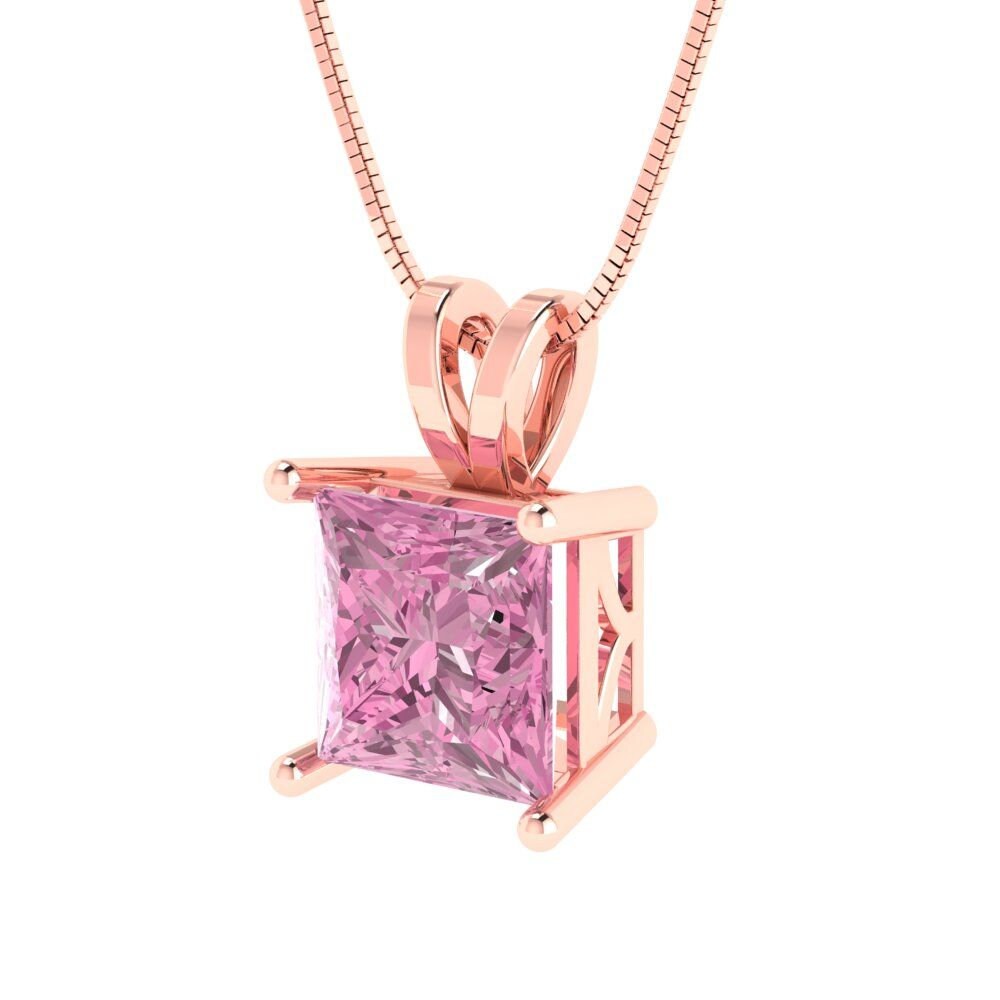 2 ct Brilliant Princess Cut Solitaire Designer Genuine Flawless VVS1 Pink Simulated Diamond 14K 18K Rose Gold Pendant with 18" Chain