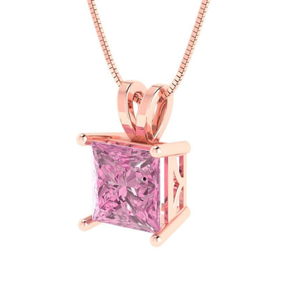 2 ct Brilliant Princess Cut Solitaire Designer Genuine Flawless VVS1 Pink Simulated Diamond 14K 18K Rose Gold Pendant with 18" Chain