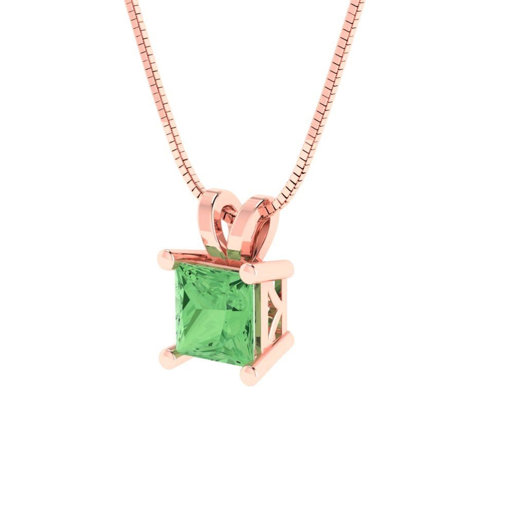 2.50 ct Brilliant Princess Cut Solitaire Designer Genuine Flawless Green Simulated Diamond 14K 18K  Rose Gold Pendant with 18" Chain