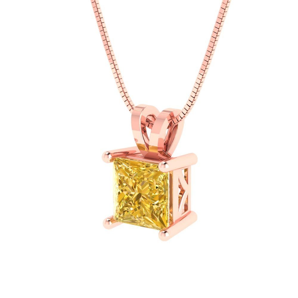 3.0 ct Brilliant Princess Cut Solitaire Designer Genuine Flawless VVS1 Yellow Simulated Diamond 14K 18K Rose Gold Pendant with 18" Chain