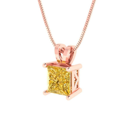 3.0 ct Brilliant Princess Cut Solitaire Designer Genuine Flawless VVS1 Yellow Simulated Diamond 14K 18K Rose Gold Pendant with 18" Chain
