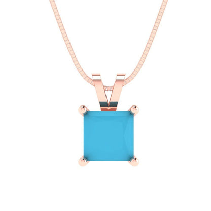 3.0 ct Brilliant Princess Cut Solitaire Designer Genuine Flawless VVS1 Simulated Turquoise 14K 18K Rose Gold Pendant with 18" Chain
