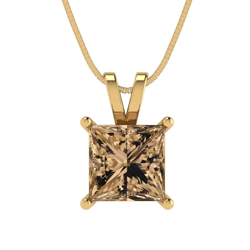 2.50 ct  Princess Cut Solitaire Designer Genuine Flawless VVS1 Champagne Simulated Diamond 14K 18K Yellow Gold Pendant with 16" Chain