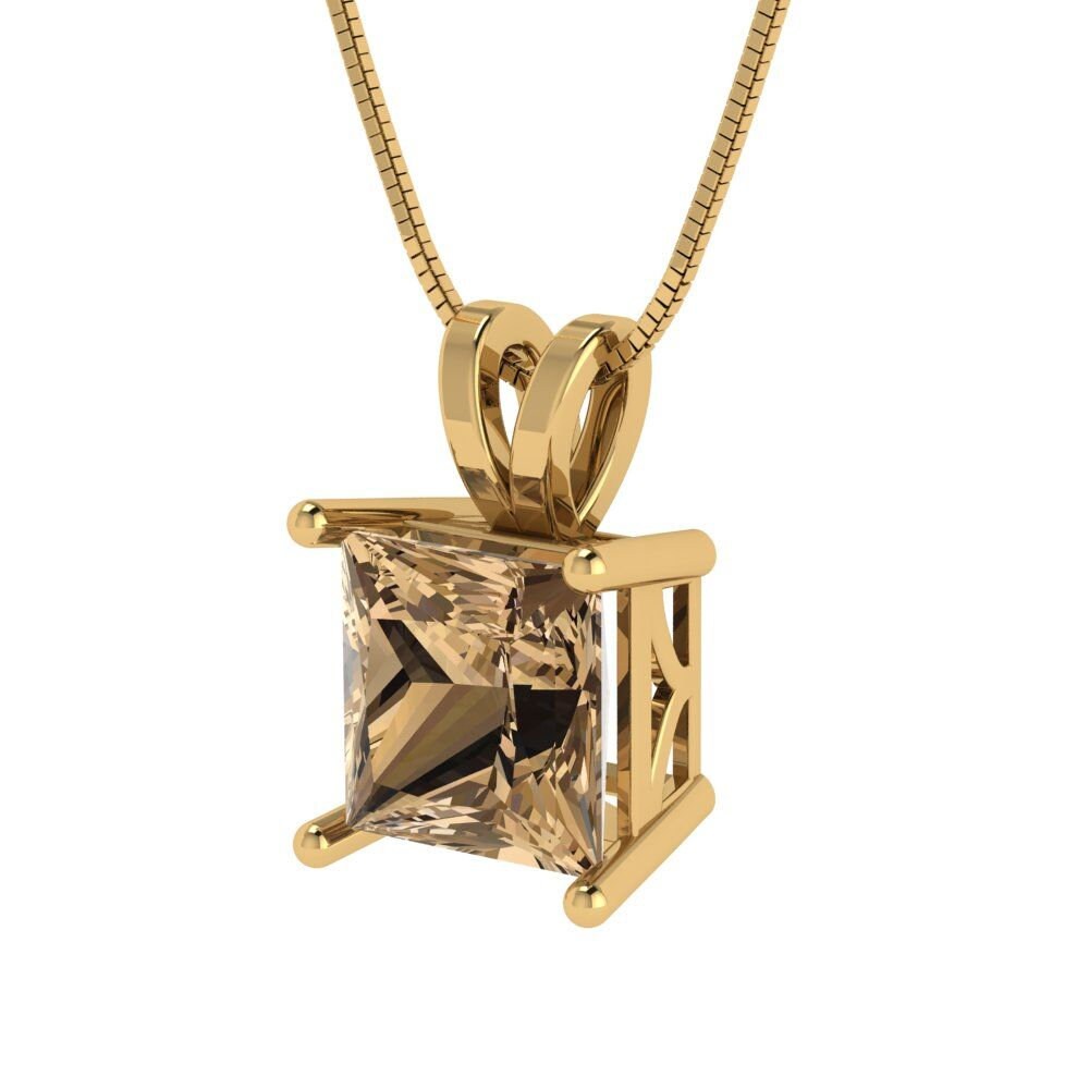 2.50 ct  Princess Cut Solitaire Designer Genuine Flawless VVS1 Champagne Simulated Diamond 14K 18K Yellow Gold Pendant with 16" Chain