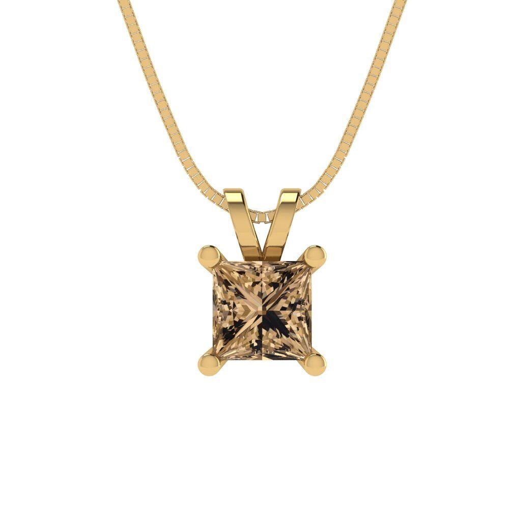 2.50 ct  Princess Cut Solitaire Designer Genuine Flawless VVS1 Champagne Simulated Diamond 14K 18K Yellow Gold Pendant with 16" Chain