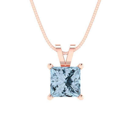 1.50 ct  Princess Cut Solitaire Designer Genuine Flawless VVS1 Blue Simulated Diamond 14K 18K Rose Gold Pendant with 16" Chain